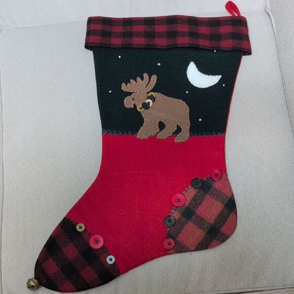Two's Company Large Festive Moose Applique Christmas Stocking Wool Cabin Plaid - Picture 1 of 9